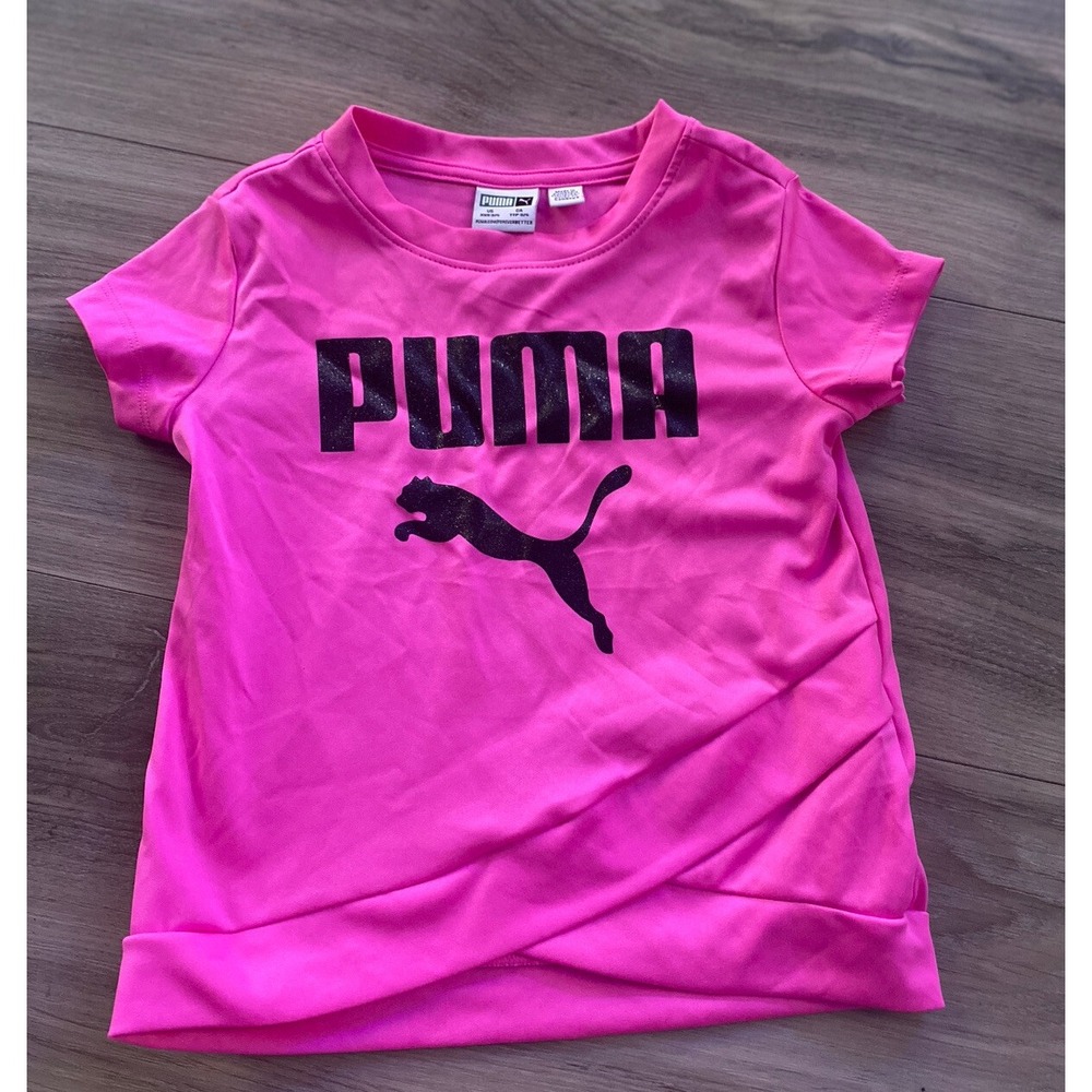 Puma Girls Pink Athletic T Shirt Glitter Black Logo Cross Wrap Hem XXS 3 4
